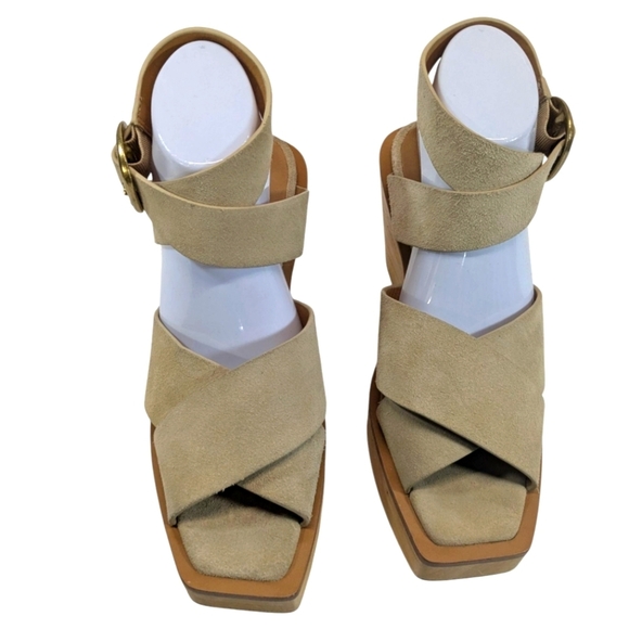 New Rag & Bone Santiago Ankle Strap Tan Suede Leather Wood Clog Sandals Size 9.5 - Picture 2 of 7